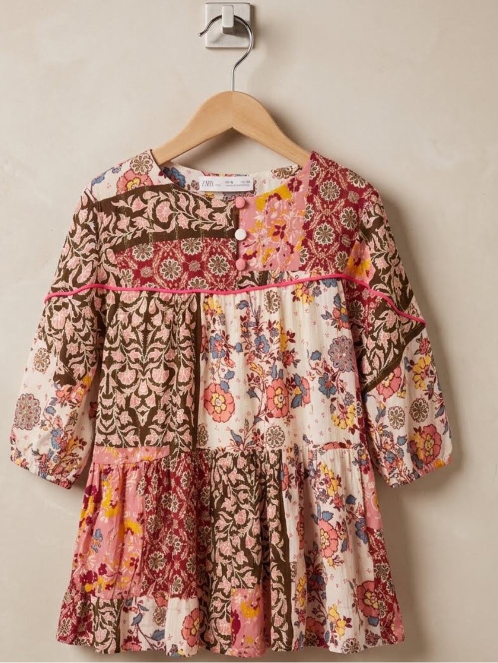 Zara Patchwork Floral Boho Casual Dress - Pink & Brown, Girls Size 5